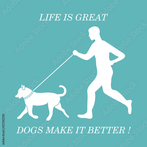 Silhouette of man jogging with dog on leash. © aquamarine_paint