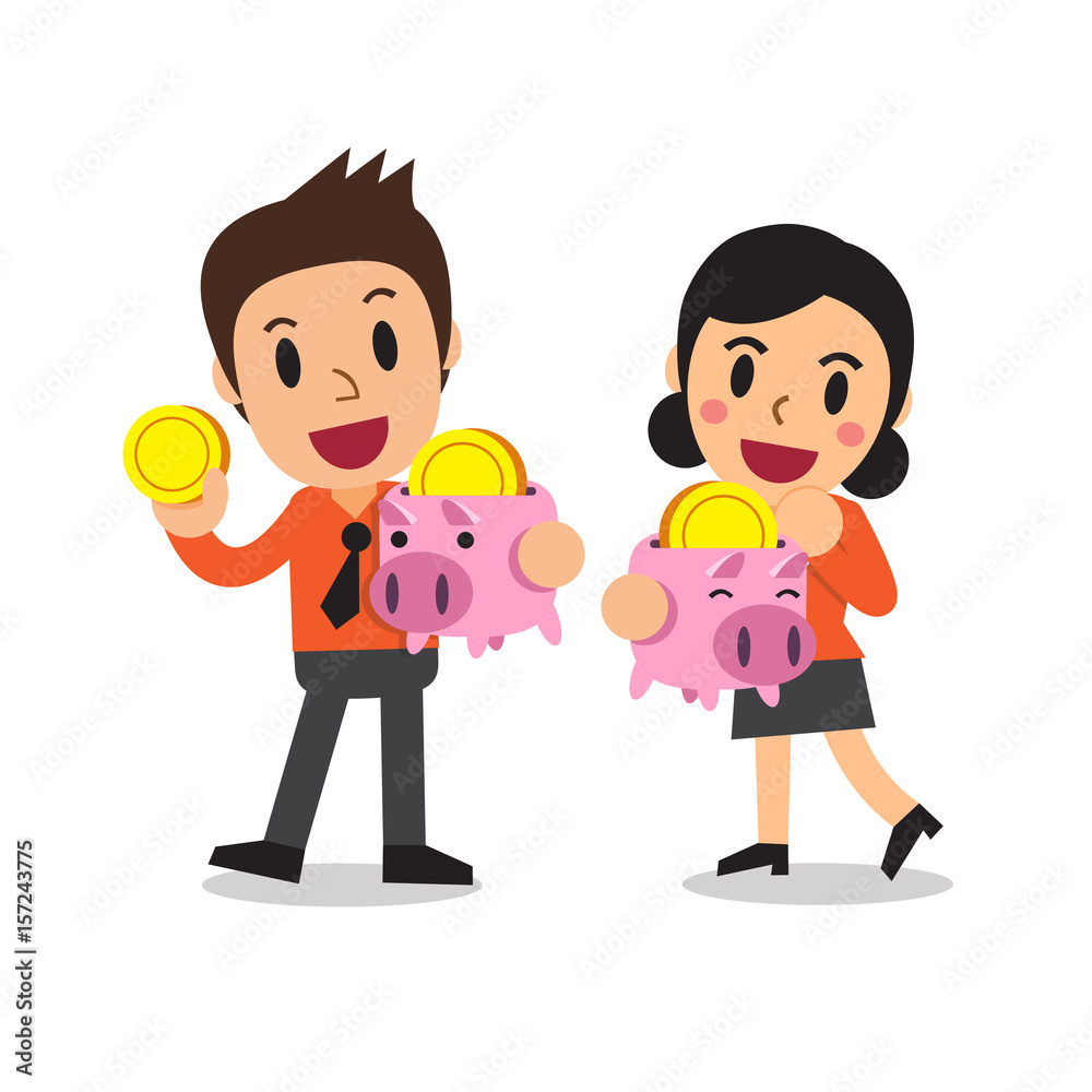 Cartoon business people saving money in piggy bank Cartoon business people saving money in piggy bank