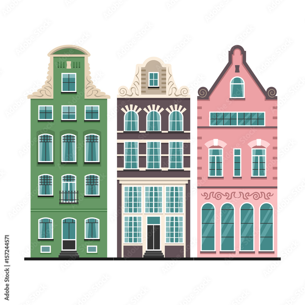 Set of 3 Amsterdam old houses cartoon facades. Traditional architecture of Netherlands. Colorful flat isolated illustrations in the Dutch style.