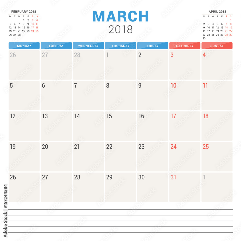 March 2018. Calendar planner vector design template. Week starts on Monday. Stationery design - obrazy, fototapety, plakaty 