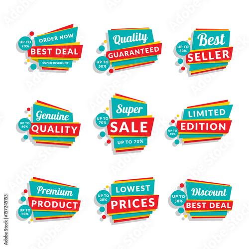 Set of discount and promotional sale origami stickers. Folded paper with advertising tags. Vector design elements for website  flyer  poster