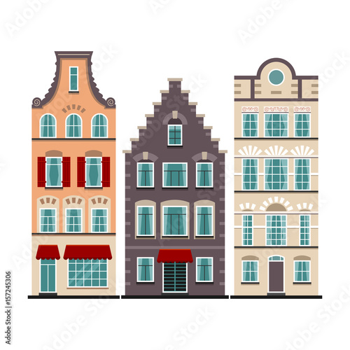 Set of 3 Amsterdam old houses cartoon facades. Traditional architecture of Netherlands. Colorful flat isolated illustrations in the Dutch style.