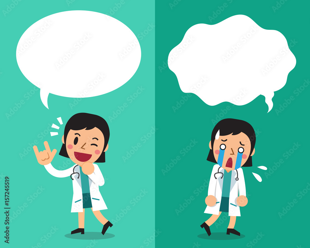 Cartoon female doctor expressing different emotions with speech bubbles Cartoon female doctor expressing different emotions with speech bubbles