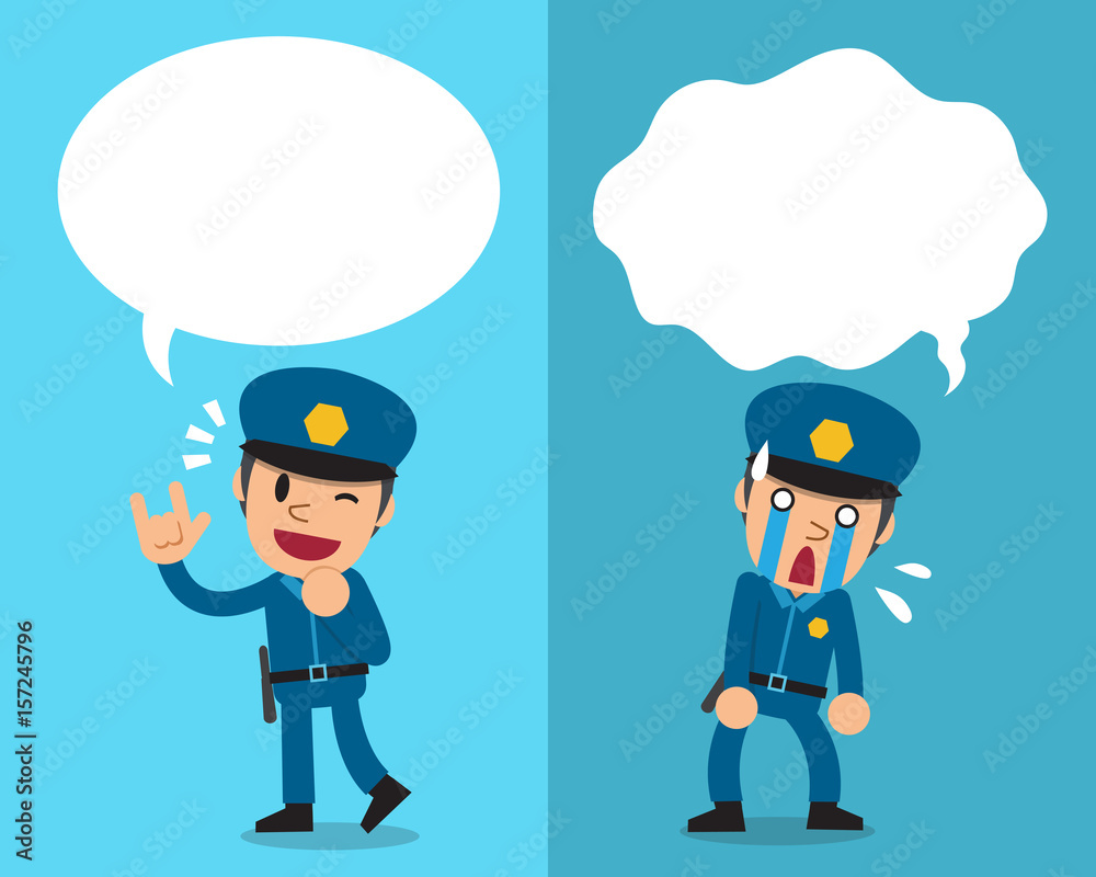 Cartoon policeman expressing different emotions with speech bubbles