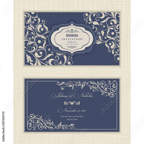 Wedding invitation cards  baroque style blue and beige. Vintage  Pattern. Retro Victorian ornament. Frame with flowers elements. Vector illustration.