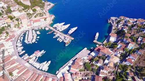 Aerial drone video of picturesque Hydra island, Saronic gulf, Greece photo