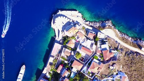 Aerial drone video of picturesque Hydra island, Saronic gulf, Greece photo