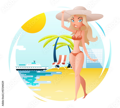 Cute Happy Girl on Sunny Beach Planning Summer Tourism Journey Symbol Travel Hotel Palm Trees Ocean Sea Background Cartoon Design Vacation Concept Template Vector Illustration