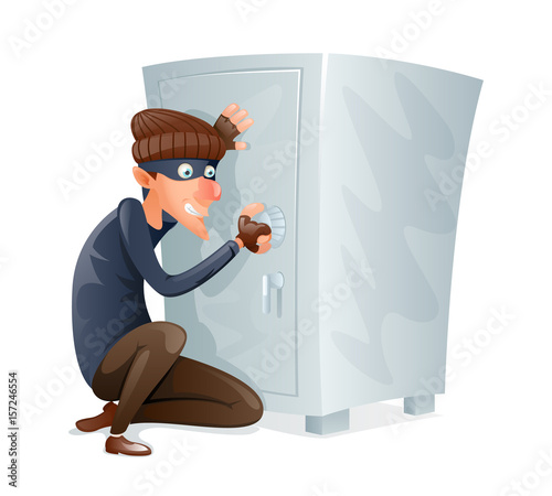 Evil Insidious Cruel Thief Tries to Open Safe Strongbox with Values Steal Character Icon Cartoon Design Vector Illustration