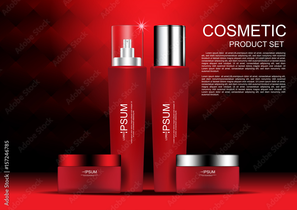 Cosmetic products on red and black background vector cosmetic ads
