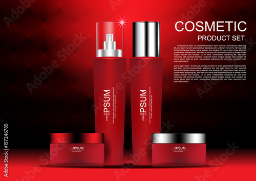 Cosmetic products on red and black background vector cosmetic ads