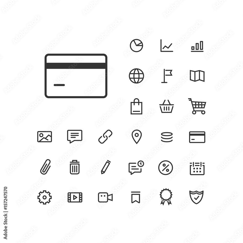 Credit card icon in set on the white background. Universal linear icons to use in web and mobile app. Credit card icon in set on the white background. Universal linear icons to use in web and mobile app.