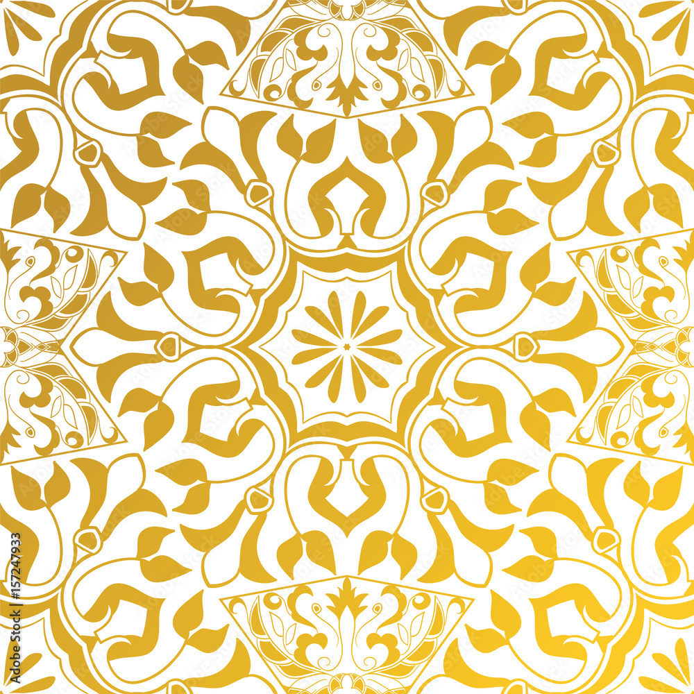 Vector seamless texture. Golden vintage pattern. Arabesque and floral ornaments