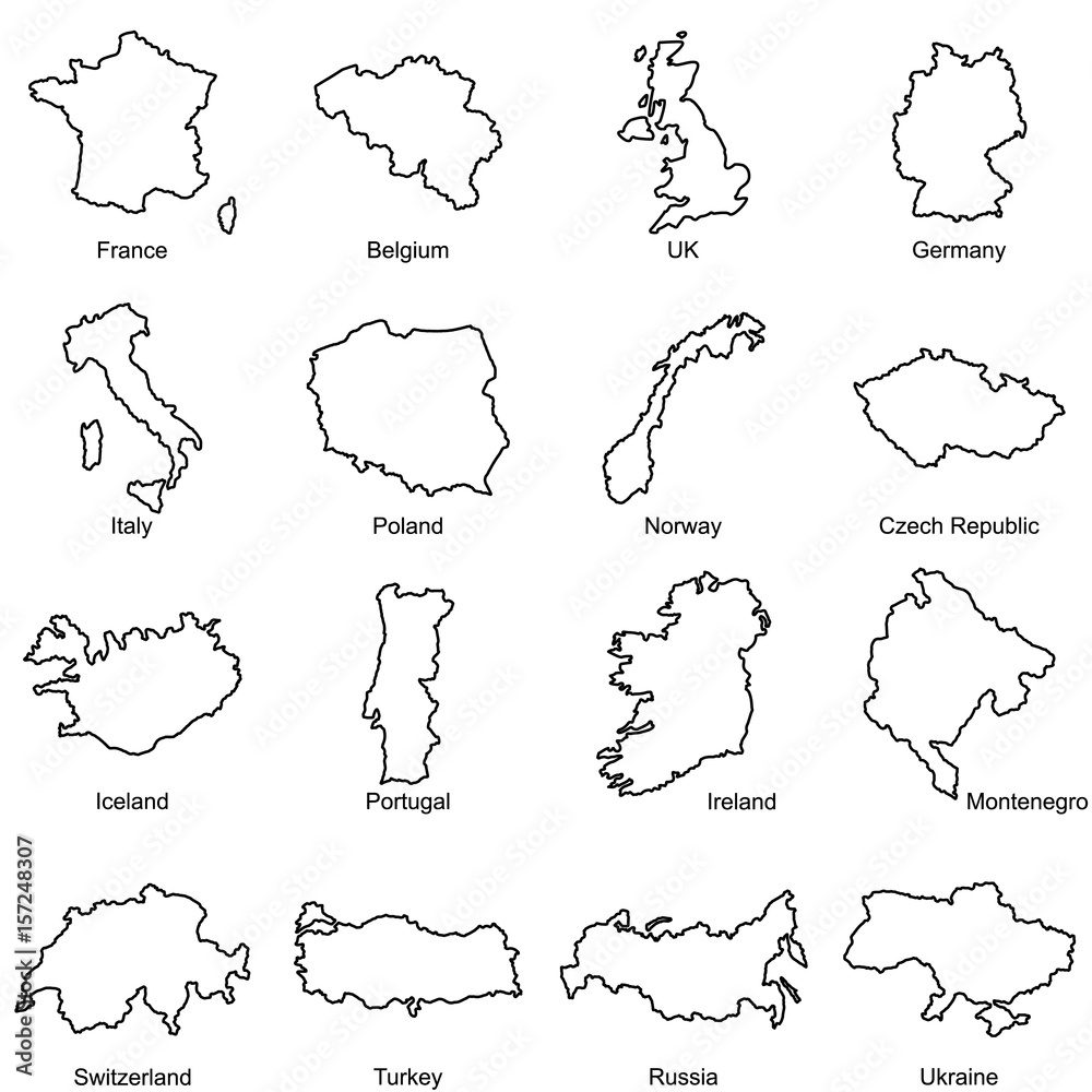 Obraz premium Set of European countries maps outline vector icon. France, Belgium, UK, Germany, Italy, Poland, Norway, Czech Republic, Iceland, Portugal, Ireland, Montenegro, Switzerland, Turkey, Russia, Ukraine.