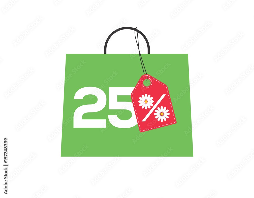 Green shopping bag with 25% text and a daisy flower percent design red price tag label on it isolated on white background. For summer sale campaigns.