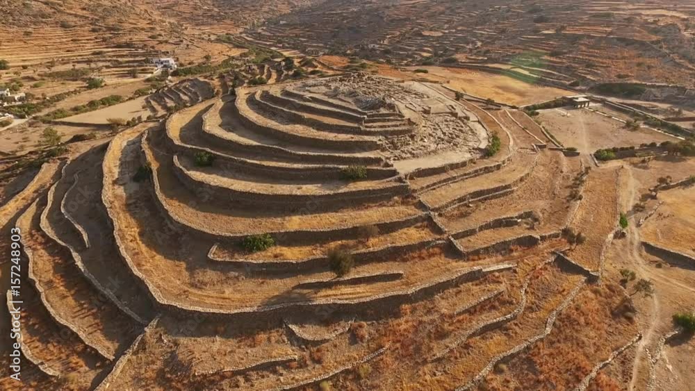 Aerial drone video of archaeological site of Sarkos in Ios island, Cyclades, Greece Aerial drone video of archaeological site of Sarkos in Ios island, Cyclades, Greece
