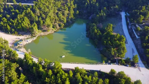 Aerial drone video of Lake Beletsi, Ipokrateios Politeia, Parnitha, Attica, Greece photo