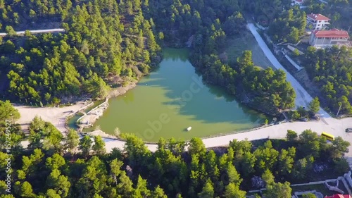 Aerial drone video of Lake Beletsi, Ipokrateios Politeia, Parnitha, Attica, Greece photo