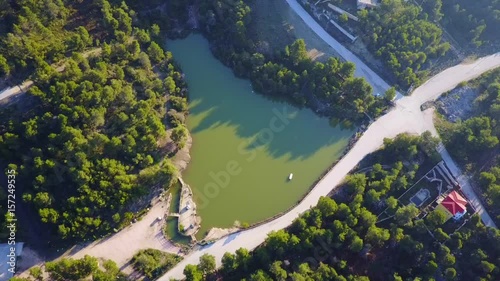 Aerial drone video of Lake Beletsi, Ipokrateios Politeia, Parnitha, Attica, Greece photo