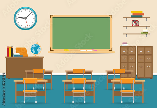 Empty classroom vector illustration. Nobody school class room interior with blackboard photo