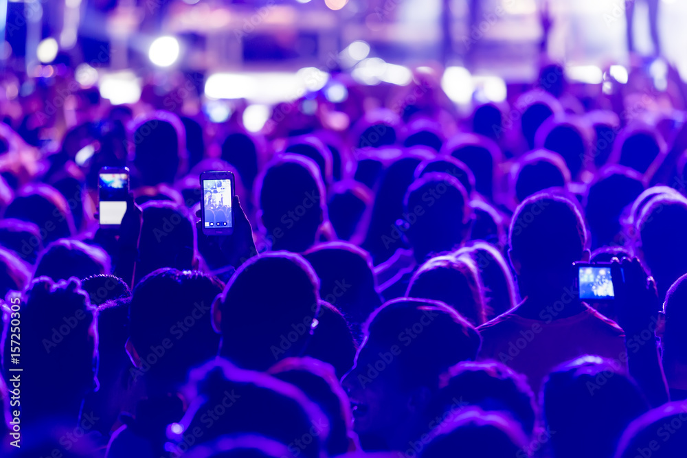 Obraz premium Hand with a smartphone records live music festival