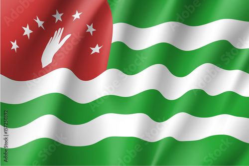 Waving flag of Republic of Abkhazia. Patriotic national sign, horizontal stripes in green and white, open hand on a red field, adopted in 1992. Vector icon illustration