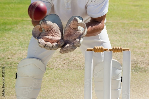 Mid section of wicketkeeper catching ball behind stumps