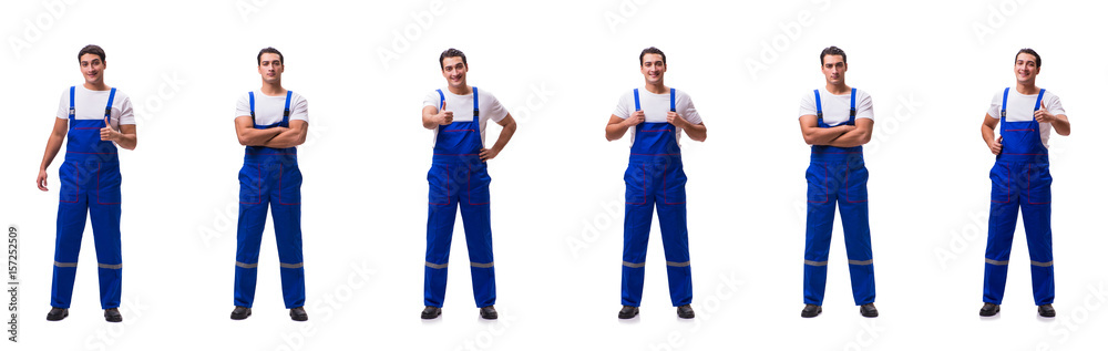 Handsome repairman wearing blue coveralls on white Handsome repairman wearing blue coveralls on white