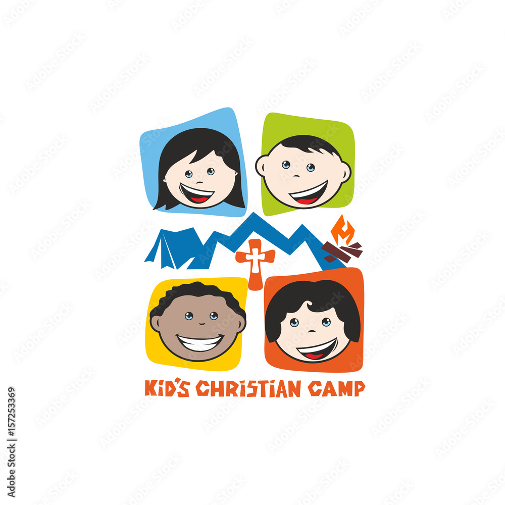 Logo of kid's Christian camp. Mountains, cross, tent, fire, kiddies