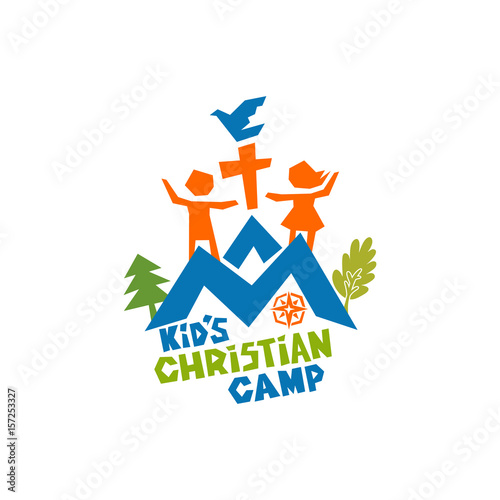 Logo of kid's Christian camp. Mountains, cross, children and pigeon