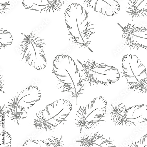 Pattern with silhouette of feather of swan. Retro seamless pattern. Hand drawn illustration.