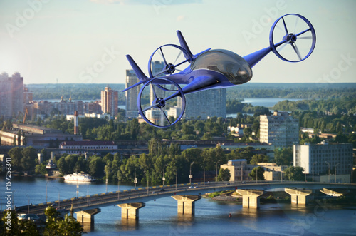 Fotografie Pesonal Air Vehicle Flying Above The Cityscape, Flying Car Of The Future 3d Conc