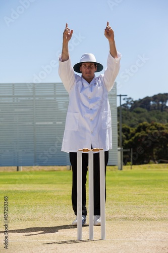 Cricket umpire signalling six runs during match
