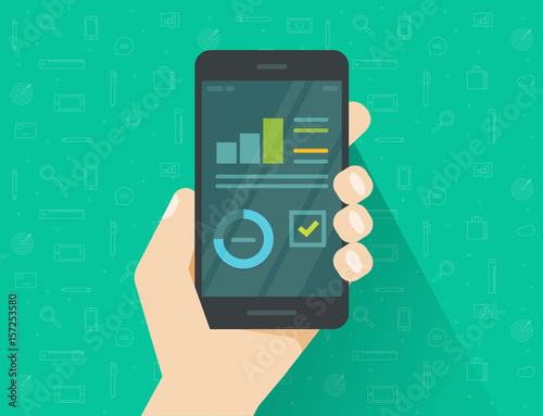 Analytics data on mobile phone screen vector illustration, flat cartoon style statistics information research results on smartphone, cellphone display with growth graph and chart report isolated