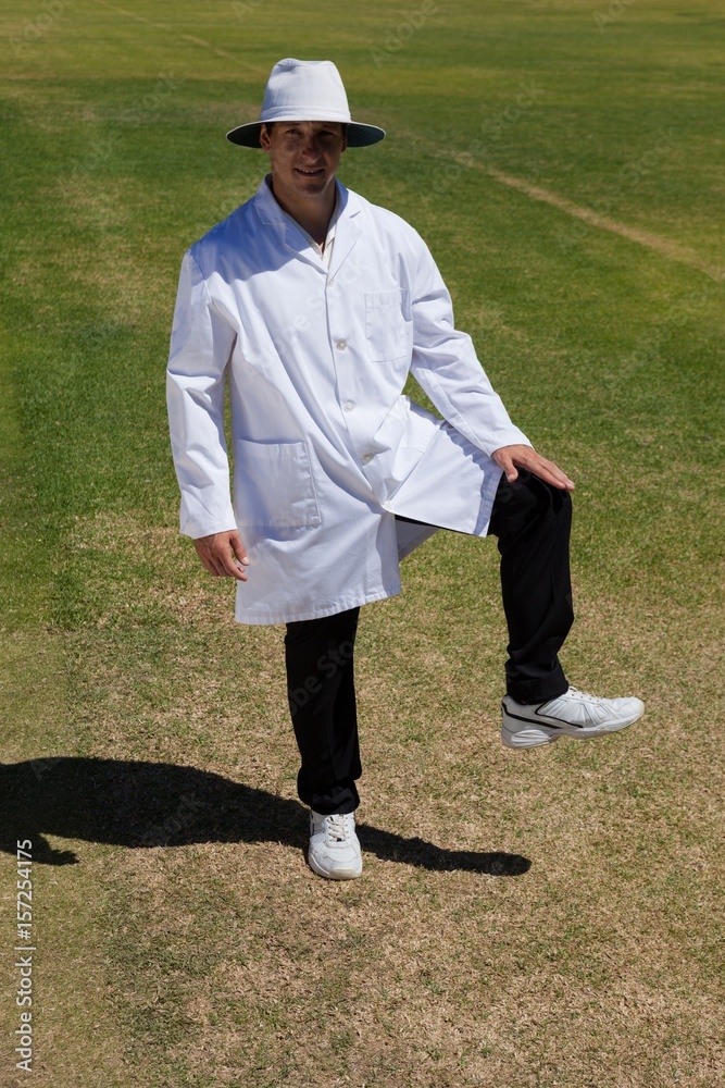 Portrait of cricket umpire signaling leg bye during match StockFoto