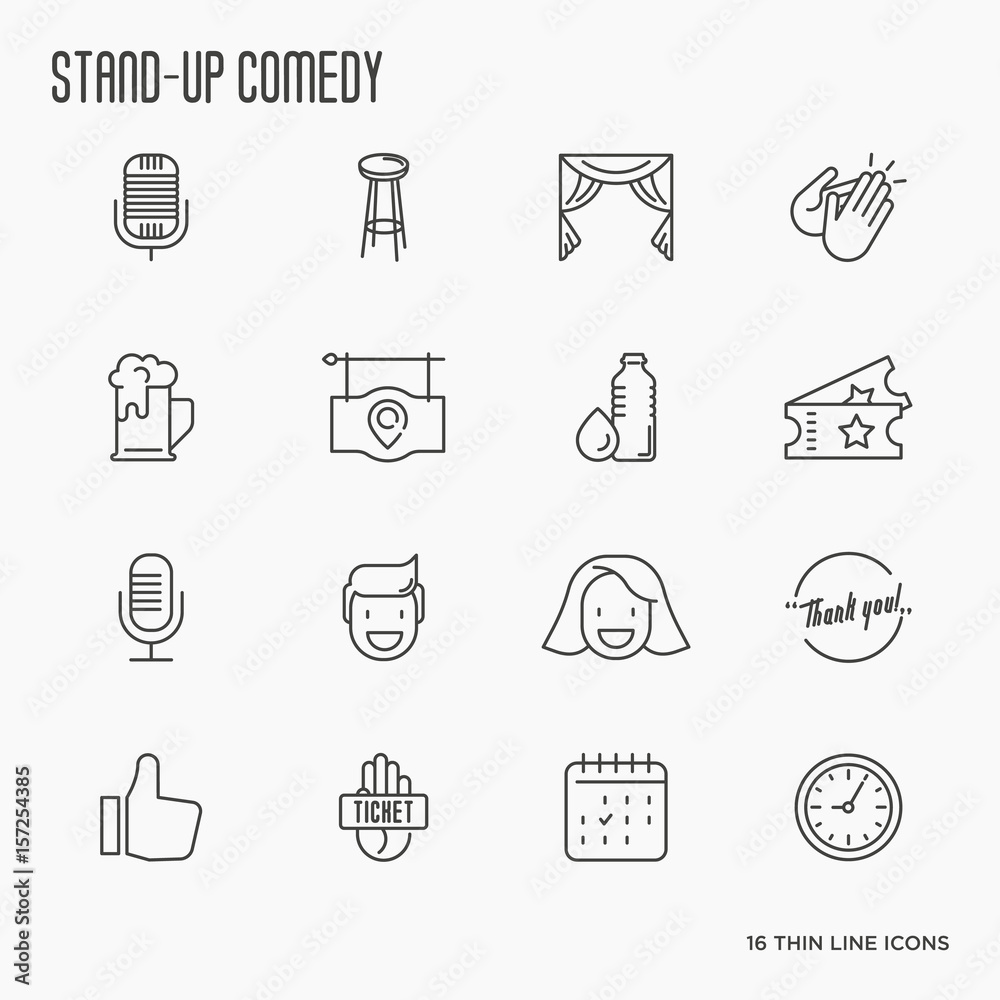 Set of thin line icons on theme stand up comedy show. Vector illustration. Set of thin line icons on theme stand up comedy show. Vector illustration.