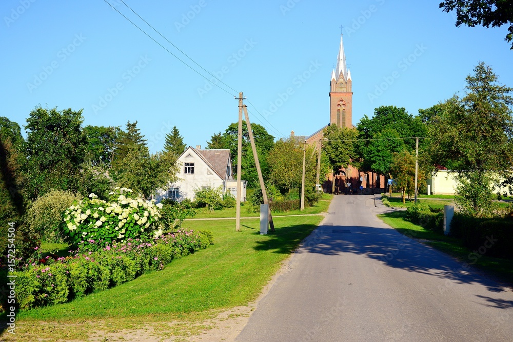 Red bricks church in Viesintos town. Lithuania.