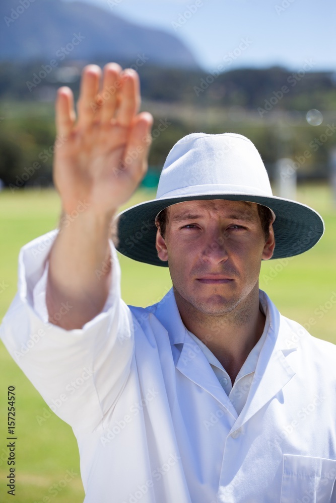 Portrait of cricket umpire signaling bye sign during match Portrait of cricket umpire signaling bye sign during match