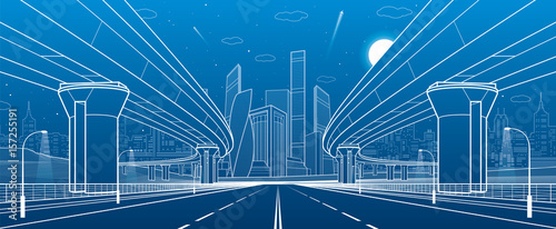 Road overpass. Big highway. Transportation bridge. Urban infrastructure, modern city on background, industrial architecture. Towers and skyscrapers. White lines illustration, vector design art 