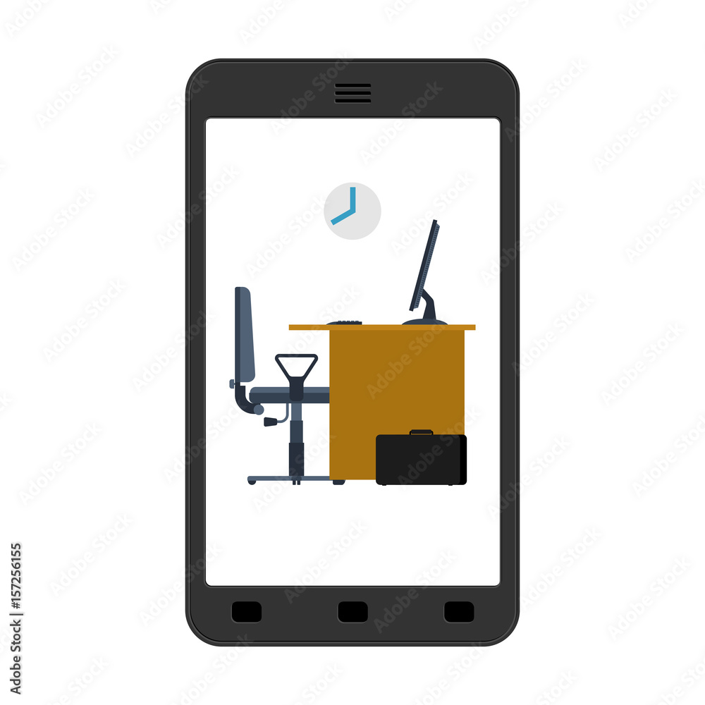 Office in smartphone. Mobile workplace in phone. Table and computer. Working on computer. Office in smartphone. Mobile workplace in phone. Table and computer. Working on computer.