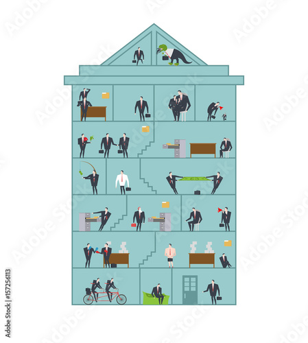 Office life Corporate. Managers in workplace. Business situation. Boss and subordinate relationship. Working time. Tables and File Cabinet. Businessman at work. Office building. job interior.  