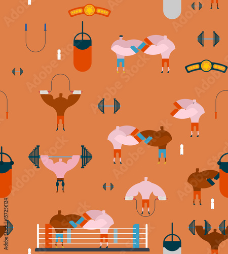 Boxing gym pattern. Hall boxing background and ornament. Boxer training. sparring fight. Skipping rope and belt champion. Barbell and Ring