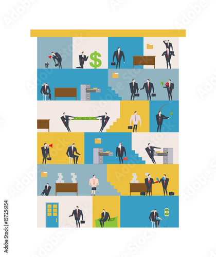 Office life Corporate. Managers in workplace. Business situation. Boss and subordinate relationship. Working time. Tables and File Cabinet. Businessman at work. Office building. job interior.  