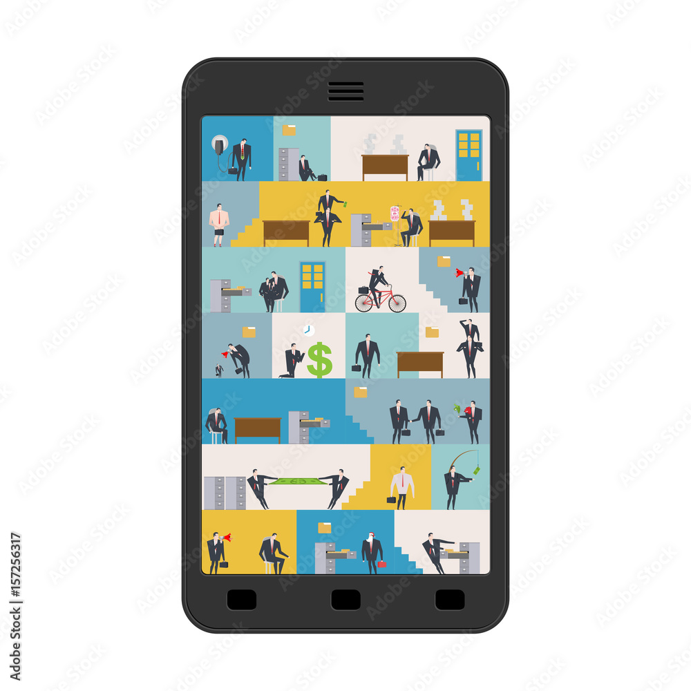 Office in smartphone. Workplace in phone. Managers in work. Business situation. Head and subordinate relationship. Tables and File Cabinet. Businessman at job Office in smartphone. Workplace in phone. Managers in work. Business situation. Head and subordinate relationship. Tables and File Cabinet. Businessman at job