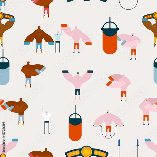 Boxing gym pattern. Hall boxing background and ornament. Boxer training. sparring fight. Skipping rope and belt champion. Barbell and Ring