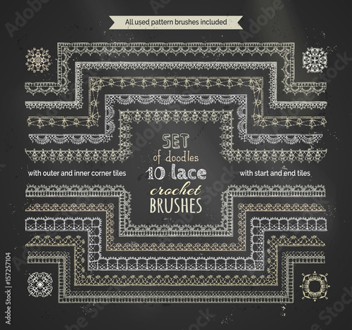 Vector set of chalk seamless lace crochet brushes.