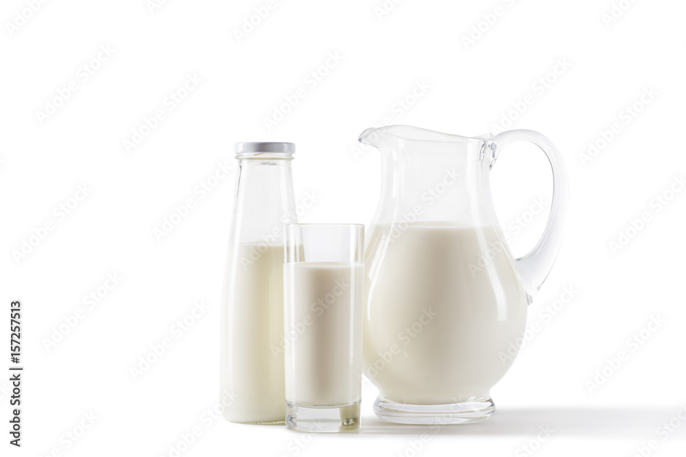 fresh milk in jug, bottle and glass isolated on white fresh milk in jug, bottle and glass isolated on white