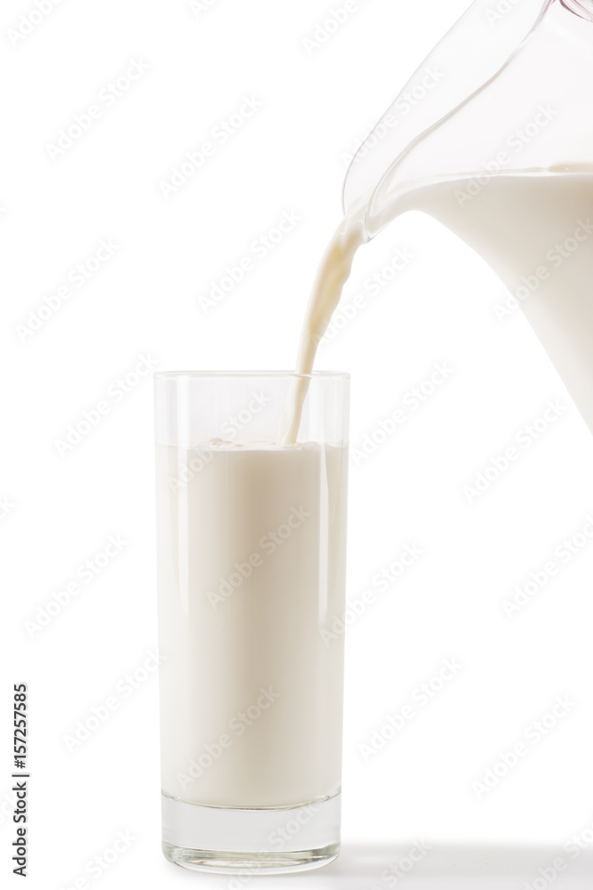 pouring milk from jug to glass for breakfast isolated on white pouring milk from jug to glass for breakfast isolated on white