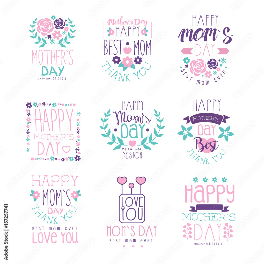 Fototapeta premium Happy Moms Day hand drawn label vector Illustrations