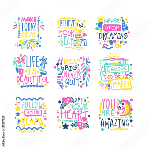 Short possitive messages, inspirational quotes colorful hand drawn vector Illustrations